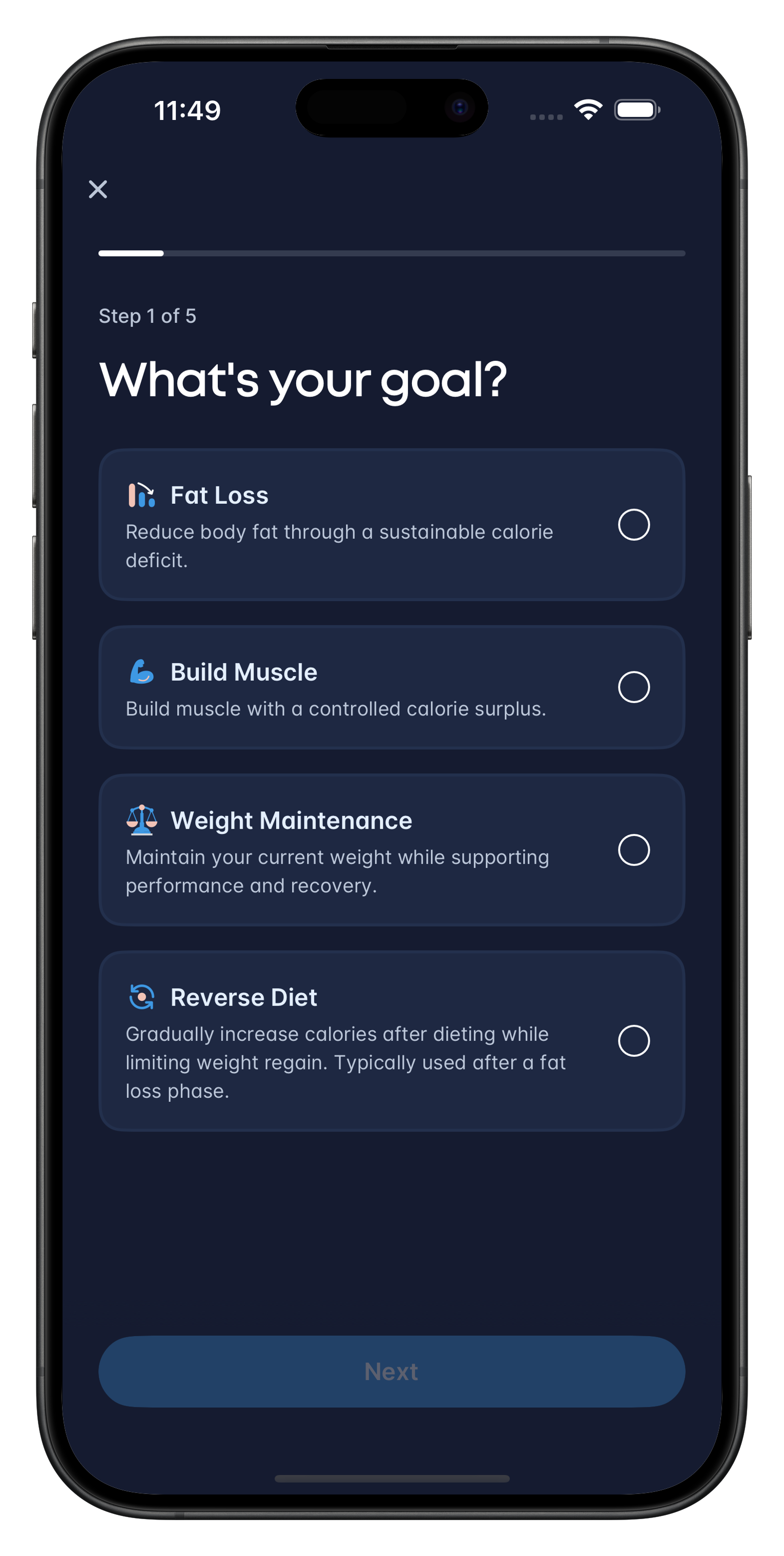 Carbon mobile app asking the user to choose a nutrition goal